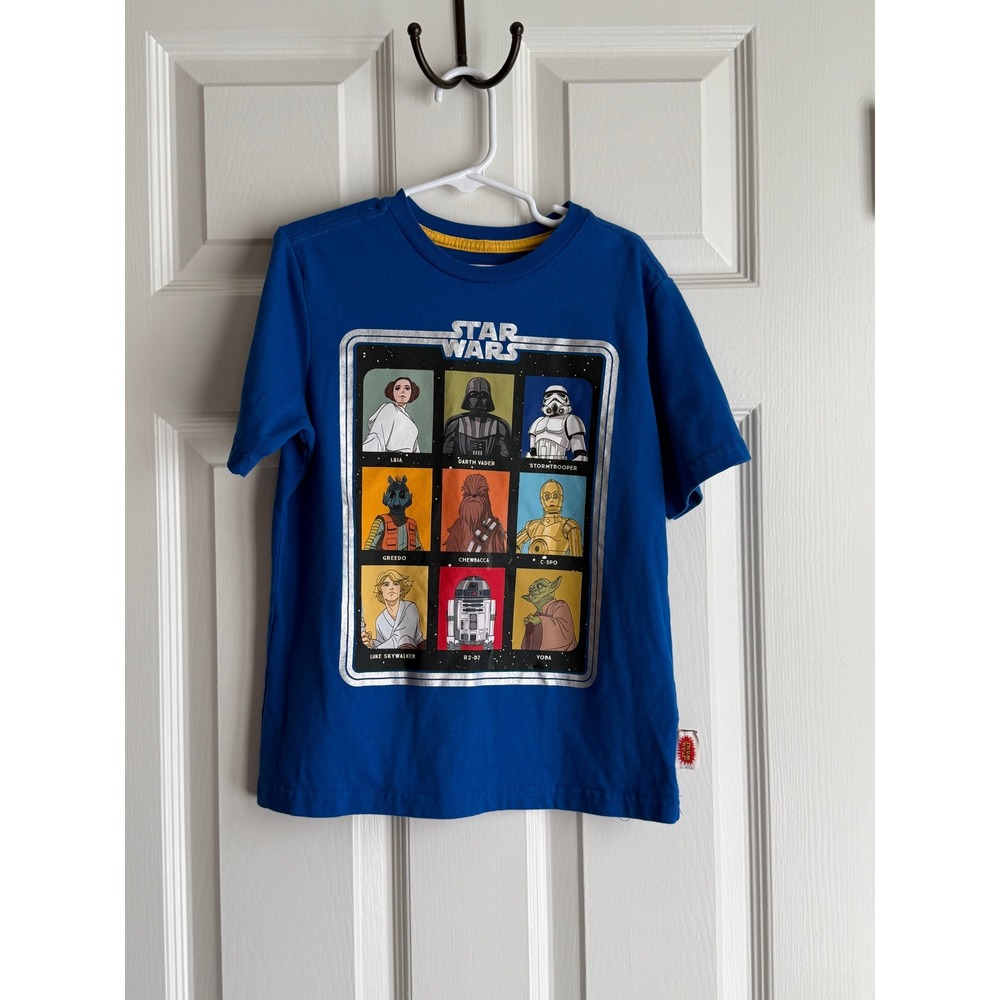 Star Wars Kids Blue Graphic T-Shirt Character Grid Darth Vader Yoda Size 7/8